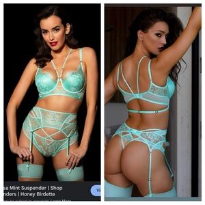 NWT Honey Birdette VenessaSet Bra 32DD/E+Garter Belt XS+Thong XS+STOCKING S 2pcs